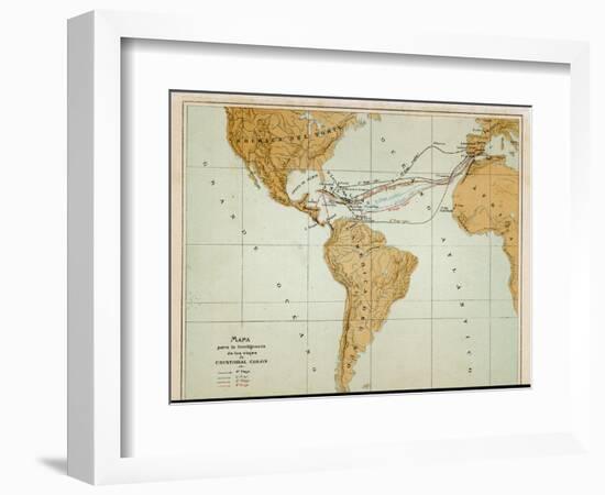 Map Showing the Four Voyages Taken by Columbus-null-Framed Art Print