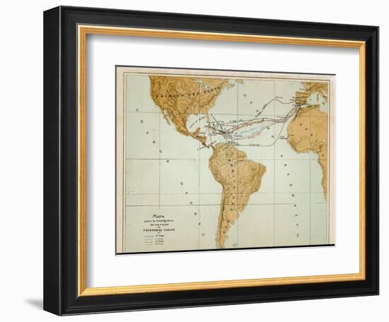 Map Showing the Four Voyages Taken by Columbus-null-Framed Art Print