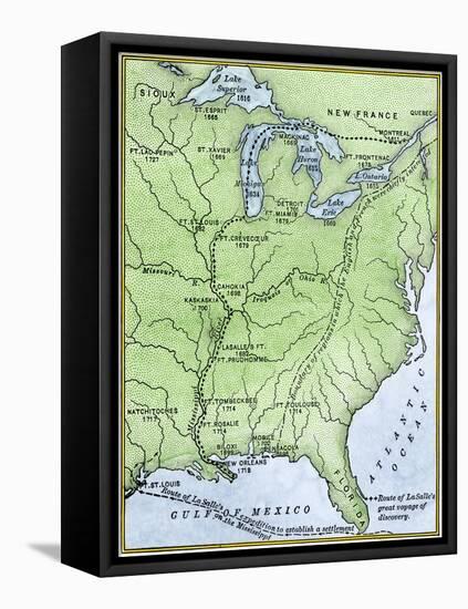 Map Showing the Route of la Salle's Explorations in North America, 17th Century-null-Framed Premier Image Canvas