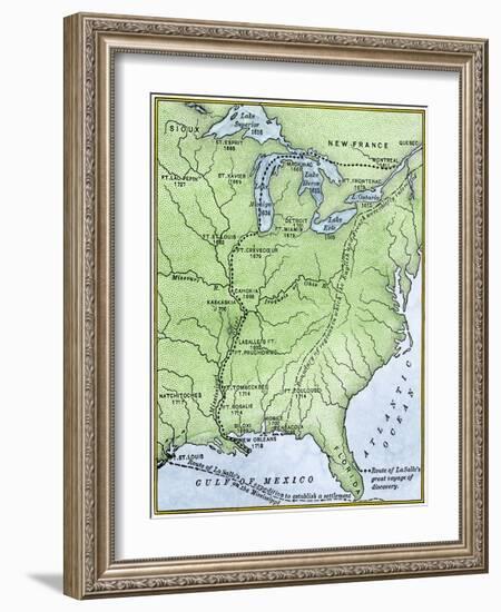 Map Showing the Route of la Salle's Explorations in North America, 17th Century-null-Framed Giclee Print