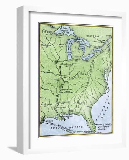 Map Showing the Route of la Salle's Explorations in North America, 17th Century-null-Framed Giclee Print