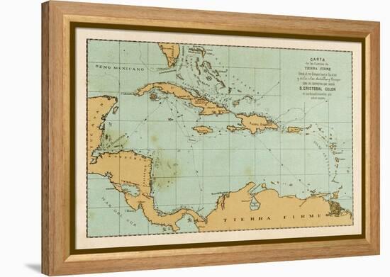 Map Showing the Travels of Columbus in the Caribbean-null-Framed Stretched Canvas