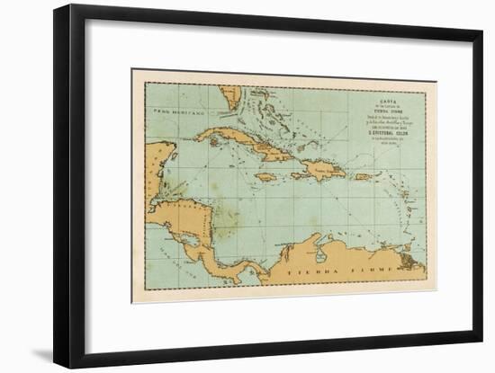 Map Showing the Travels of Columbus in the Caribbean-null-Framed Art Print