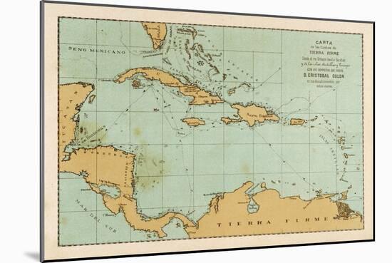 Map Showing the Travels of Columbus in the Caribbean-null-Mounted Art Print