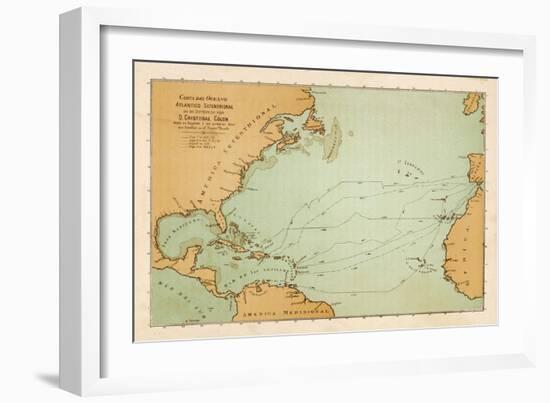 Map Showing the Travels of Columbus off the American Mainland-null-Framed Art Print