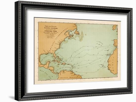 Map Showing the Travels of Columbus off the American Mainland-null-Framed Art Print