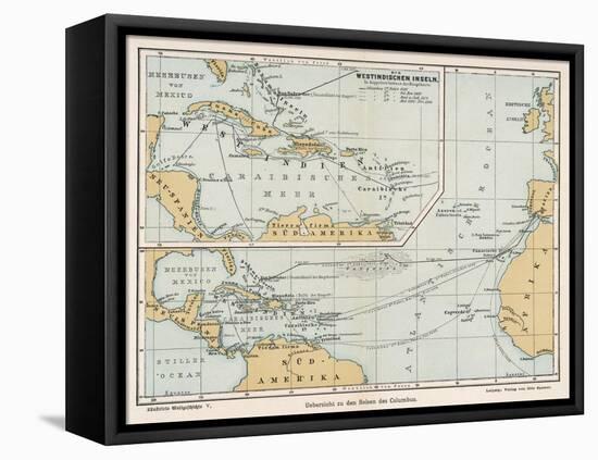 Map Showing the Voyages of Christopher Columbus-null-Framed Stretched Canvas