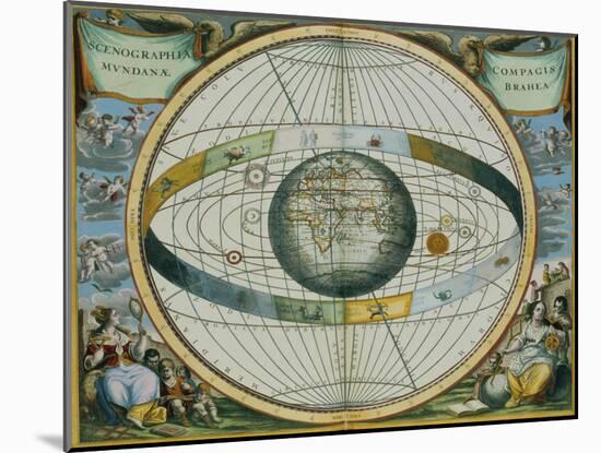 Map Showing Tycho Brahe's System of Planetary Orbits Around the Earth-Andreas Cellarius-Mounted Giclee Print