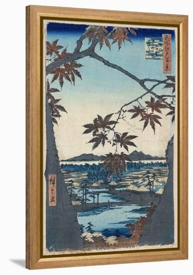 Maple Leaves and the Tekona Shrine and Bridge at Mama, 1856-1858-Utagawa Hiroshige-Framed Premier Image Canvas