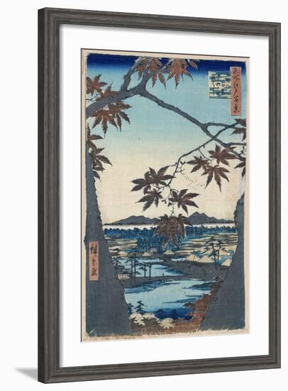 Maple Leaves and the Tekona Shrine and Bridge at Mama, 1856-1858-Utagawa Hiroshige-Framed Giclee Print