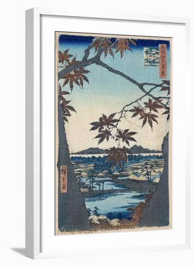 Maple Leaves and the Tekona Shrine and Bridge at Mama, 1856-1858-Utagawa Hiroshige-Framed Giclee Print