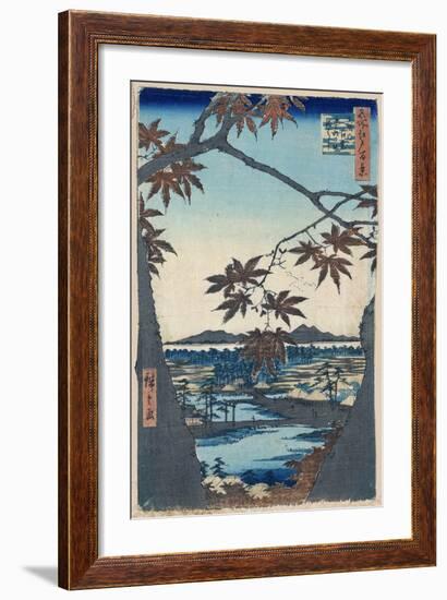Maple Leaves and the Tekona Shrine and Bridge at Mama, 1856-1858-Utagawa Hiroshige-Framed Giclee Print