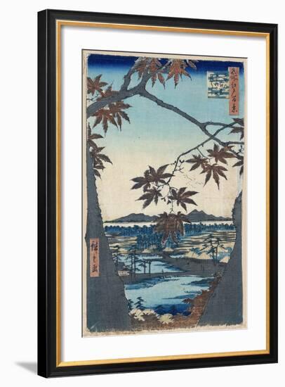 Maple Leaves and the Tekona Shrine and Bridge at Mama, 1856-1858-Utagawa Hiroshige-Framed Giclee Print