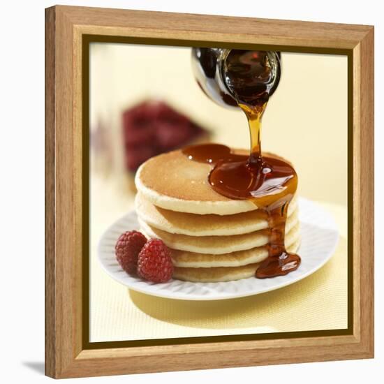 Maple Syrup Pouring over a Stack of Pancakes-Paul Poplis-Framed Stretched Canvas