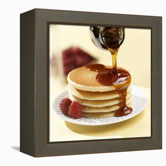 Maple Syrup Pouring over a Stack of Pancakes-Paul Poplis-Framed Stretched Canvas