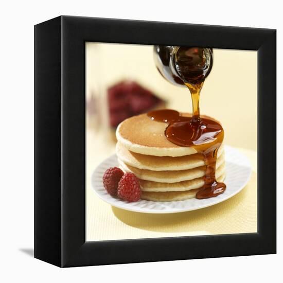 Maple Syrup Pouring over a Stack of Pancakes-Paul Poplis-Framed Stretched Canvas