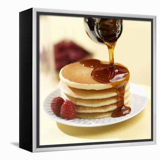 Maple Syrup Pouring over a Stack of Pancakes-Paul Poplis-Framed Stretched Canvas