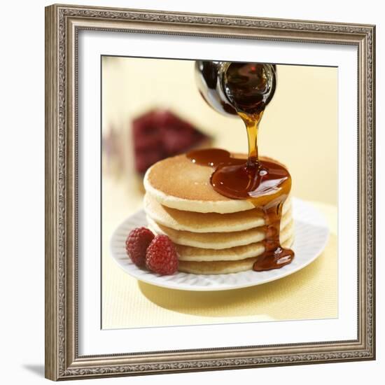 Maple Syrup Pouring over a Stack of Pancakes-Paul Poplis-Framed Photographic Print