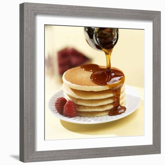 Maple Syrup Pouring over a Stack of Pancakes-Paul Poplis-Framed Photographic Print