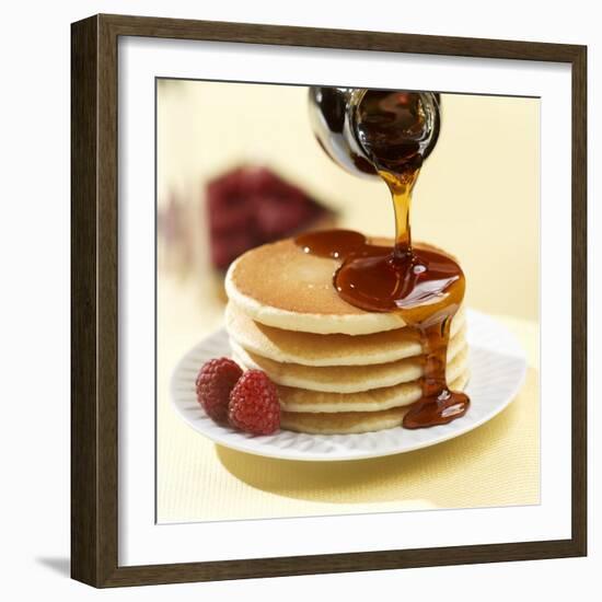 Maple Syrup Pouring over a Stack of Pancakes-Paul Poplis-Framed Photographic Print
