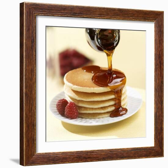 Maple Syrup Pouring over a Stack of Pancakes-Paul Poplis-Framed Photographic Print