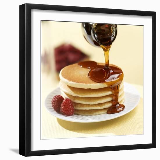 Maple Syrup Pouring over a Stack of Pancakes-Paul Poplis-Framed Photographic Print