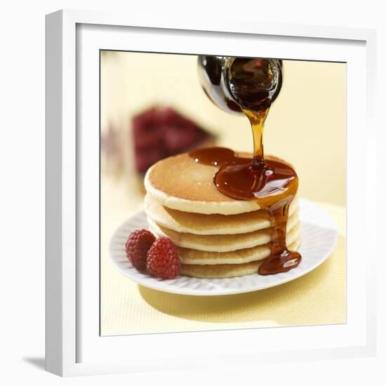 Maple Syrup Pouring over a Stack of Pancakes-Paul Poplis-Framed Photographic Print