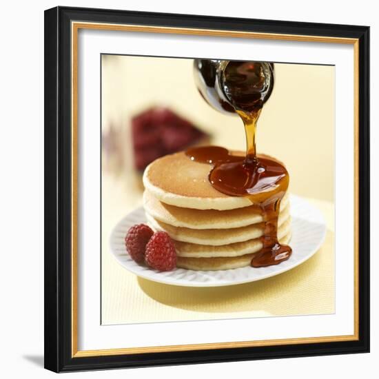 Maple Syrup Pouring over a Stack of Pancakes-Paul Poplis-Framed Photographic Print