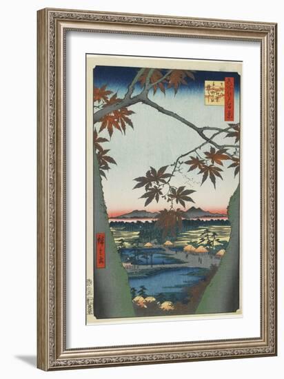 Maple Trees at Mama with View of Tekona Shrine and Bridge, January 1857-Utagawa Hiroshige-Framed Giclee Print