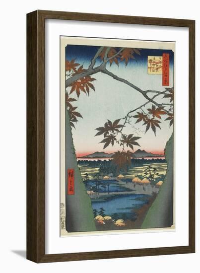 Maple Trees at Mama with View of Tekona Shrine and Bridge, January 1857-Utagawa Hiroshige-Framed Giclee Print