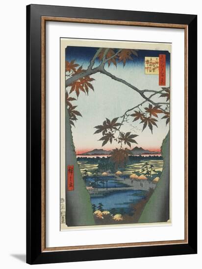 Maple Trees at Mama with View of Tekona Shrine and Bridge, January 1857-Utagawa Hiroshige-Framed Giclee Print