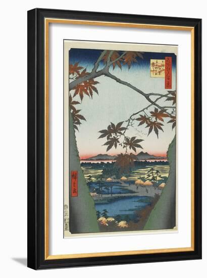 Maple Trees at Mama with View of Tekona Shrine and Bridge, January 1857-Utagawa Hiroshige-Framed Giclee Print