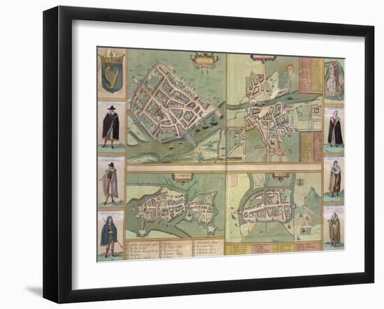 Maps of Galway, Dublin, Limerick, and Cork, in Civitates Orbis Terrarum by Braun and Hogenberg-Joris Hoefnagel-Framed Giclee Print