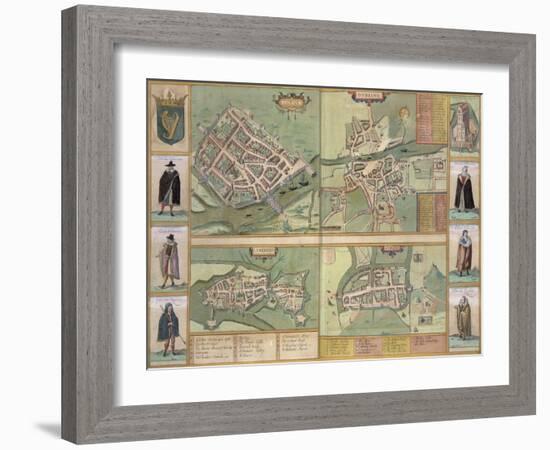Maps of Galway, Dublin, Limerick, and Cork, in Civitates Orbis Terrarum by Braun and Hogenberg-Joris Hoefnagel-Framed Giclee Print