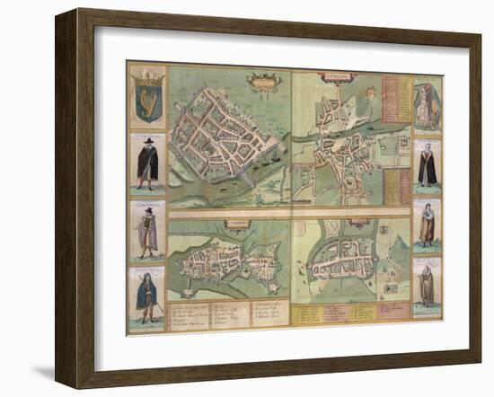 Maps of Galway, Dublin, Limerick, and Cork, in Civitates Orbis Terrarum by Braun and Hogenberg-Joris Hoefnagel-Framed Giclee Print