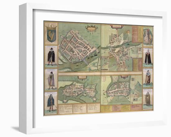 Maps of Galway, Dublin, Limerick, and Cork, in Civitates Orbis Terrarum by Braun and Hogenberg-Joris Hoefnagel-Framed Giclee Print