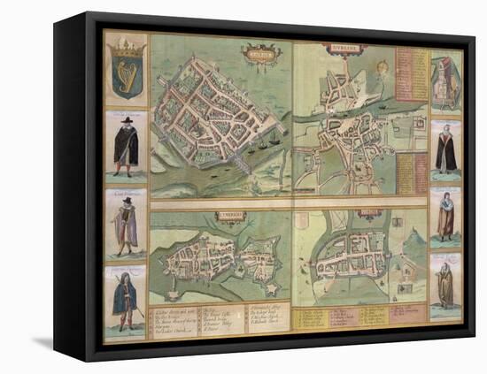 Maps of Galway, Dublin, Limerick, and Cork, in Civitates Orbis Terrarum by Braun and Hogenberg-Joris Hoefnagel-Framed Premier Image Canvas