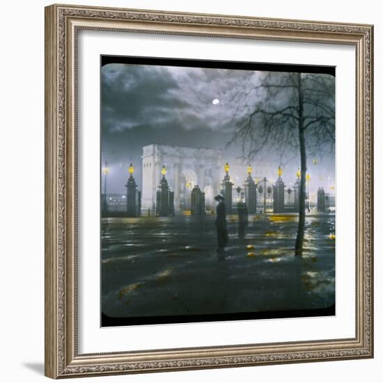 Marble Arch by Night - a Figure Standing in Front of the Park Gates-null-Framed Photographic Print