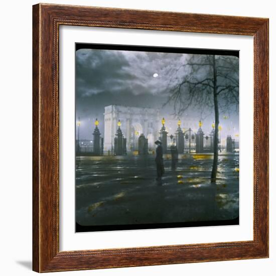Marble Arch by Night - a Figure Standing in Front of the Park Gates-null-Framed Photographic Print