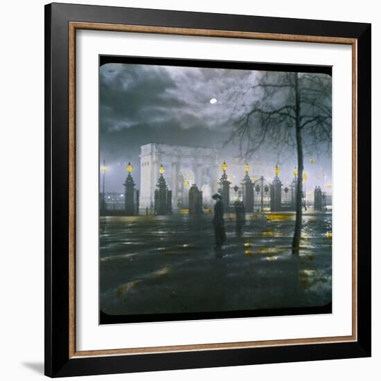 Marble Arch by Night - a Figure Standing in Front of the Park Gates-null-Framed Photographic Print