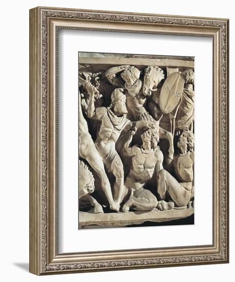 Marble Sarcophagus known as Amendola Sarcophagus with Battle Scenes Between Romans and Barbarians-null-Framed Giclee Print