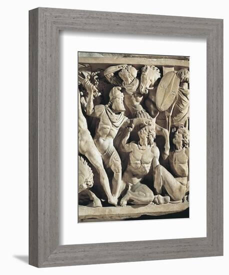 Marble Sarcophagus known as Amendola Sarcophagus with Battle Scenes Between Romans and Barbarians-null-Framed Giclee Print