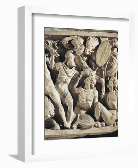 Marble Sarcophagus known as Amendola Sarcophagus with Battle Scenes Between Romans and Barbarians-null-Framed Giclee Print