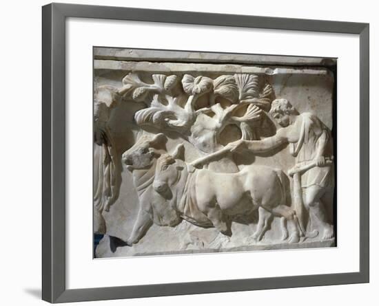 Marble Sarcophagus with Relief Depicting Legend of Triptolemus, Detail of Field Ploughin-null-Framed Giclee Print