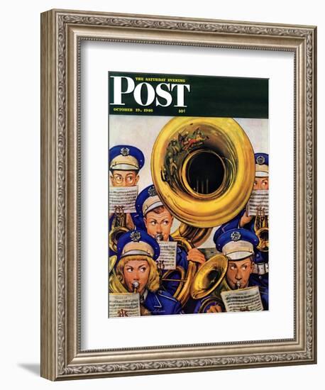 "March Band at Football Game," Saturday Evening Post Cover, October 19, 1946-Stevan Dohanos-Framed Giclee Print