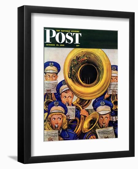 "March Band at Football Game," Saturday Evening Post Cover, October 19, 1946-Stevan Dohanos-Framed Giclee Print