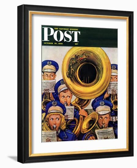 "March Band at Football Game," Saturday Evening Post Cover, October 19, 1946-Stevan Dohanos-Framed Giclee Print