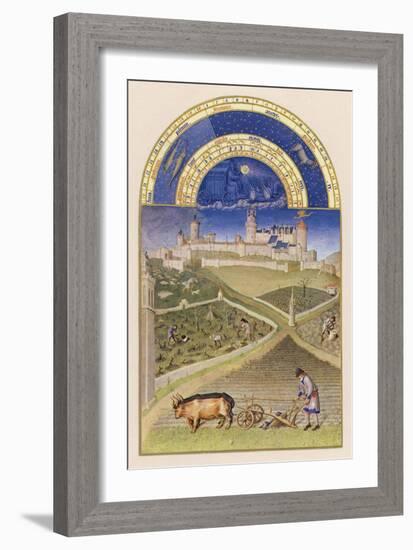 March Plowing and Tending Vines Near the Chateau De Lusignan-Pol De Limbourg-Framed Art Print