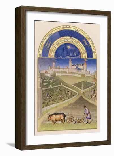 March Plowing and Tending Vines Near the Chateau De Lusignan-Pol De Limbourg-Framed Art Print