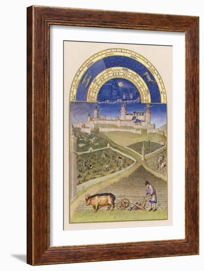March Plowing and Tending Vines Near the Chateau De Lusignan-Pol De Limbourg-Framed Art Print